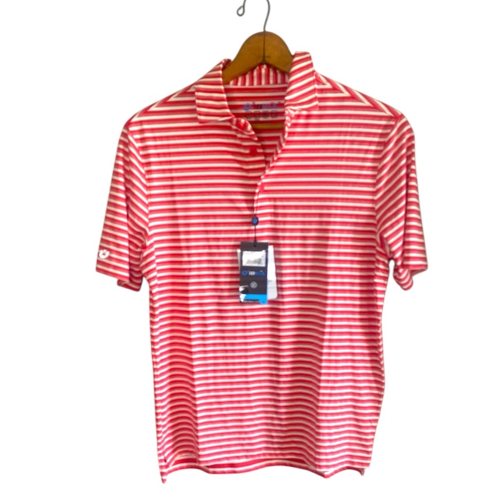 IBKUL Golf Men's Red and White Striped Melange Athletic Polo Shirt NWTs